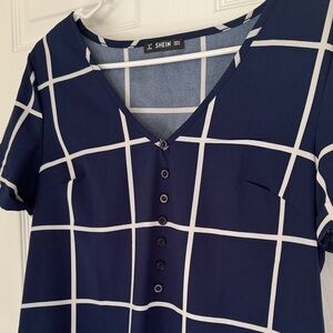 SHEIN Navy and White Checkered Women's Top